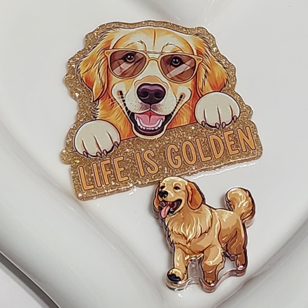 Life Is Golden Dog Flatback Focal Bead Keychain Beaded Badge Phone Chain